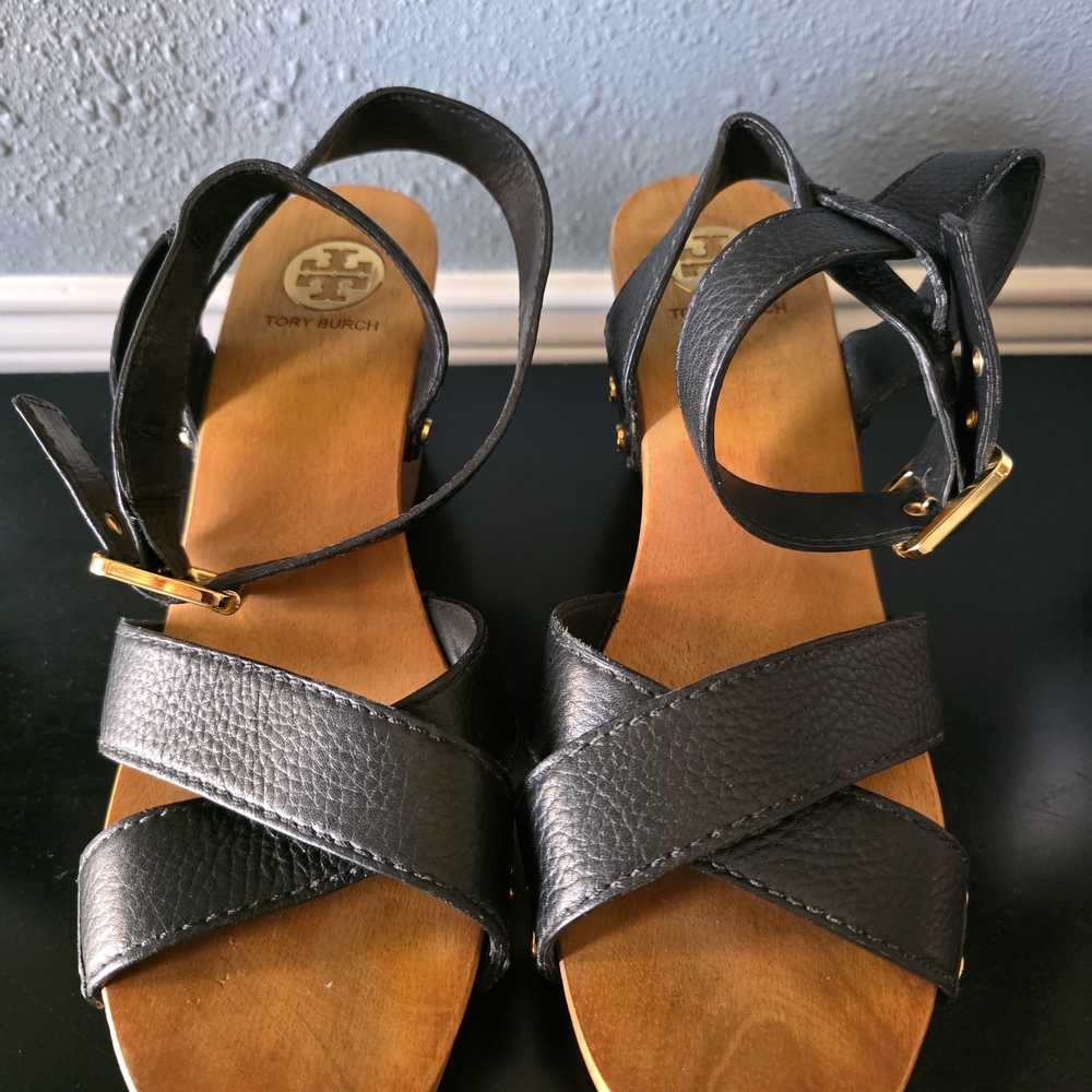 Tory Burch Black Leather Wood Platform Sandles 10.5 Medium - Picture 4 of 8